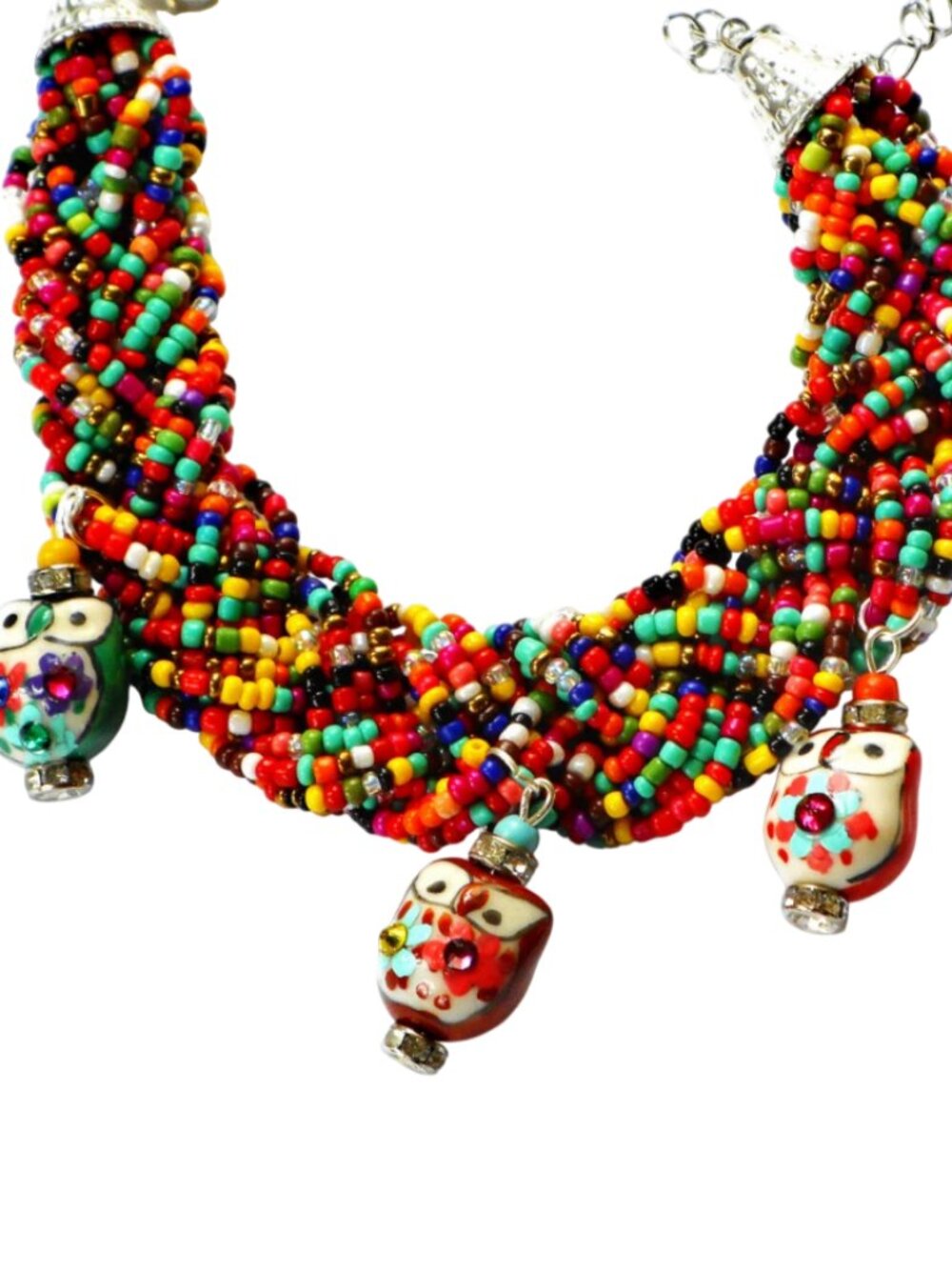 Adjustable Beaded Seed Bead Bracelet with Hand Painted Flower Owl Charms